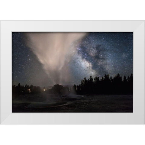 Milky Way over Castle Geyser, Yellowstone National Park White Modern Wood Framed Art Print by The Yellowstone Collection