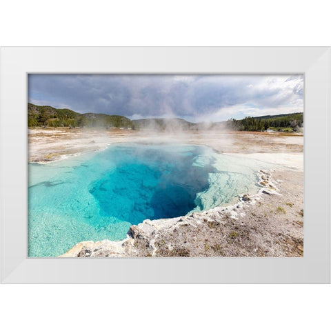 Sapphire Pool Steaming, Yellowstone National Park White Modern Wood Framed Art Print by The Yellowstone Collection