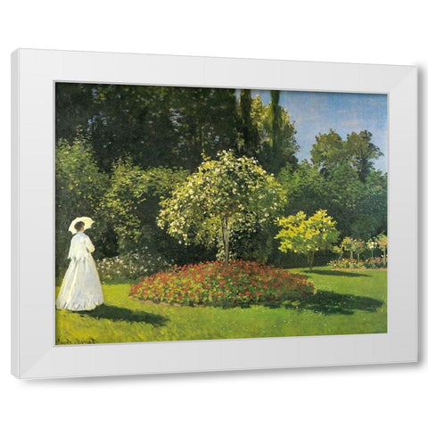Jeanne-Marguerite Lecadre in Garden 1866 White Modern Wood Framed Art Print by Monet, Claude