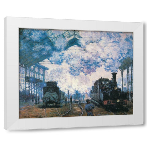 La Gare St. Lazare trains 1877 White Modern Wood Framed Art Print by Monet, Claude
