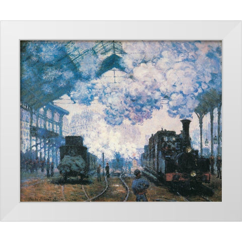 La Gare St. Lazare trains 1877 White Modern Wood Framed Art Print by Monet, Claude