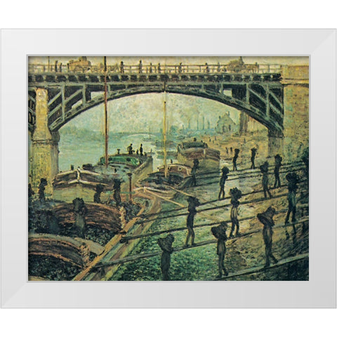 Men unloading coal 1875 White Modern Wood Framed Art Print by Monet, Claude