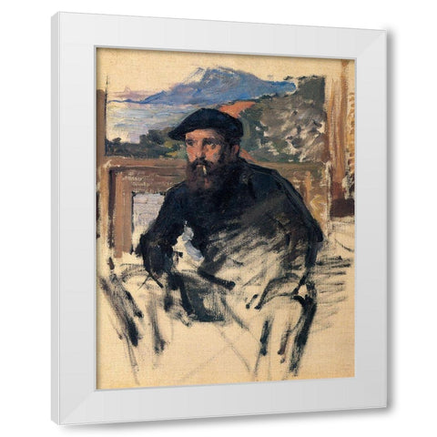 Portrait of the artist in studio 1884 White Modern Wood Framed Art Print by Monet, Claude