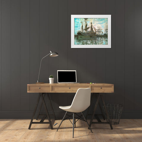 Ships in a harbour 1873 White Modern Wood Framed Art Print by Monet, Claude