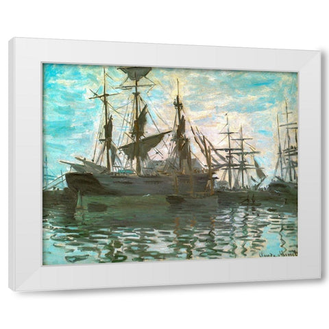 Ships in a harbour 1873 White Modern Wood Framed Art Print by Monet, Claude