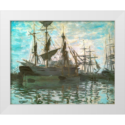 Ships in a harbour 1873 White Modern Wood Framed Art Print by Monet, Claude