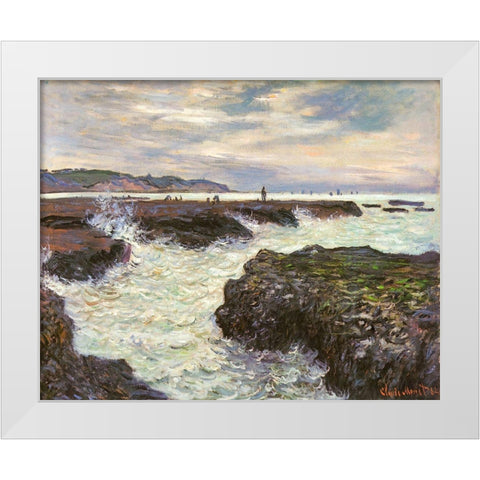The Rocks at Pourvillle 1882 White Modern Wood Framed Art Print by Monet, Claude