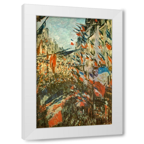 The Rue Montorgeuil with flags 1878 White Modern Wood Framed Art Print by Monet, Claude