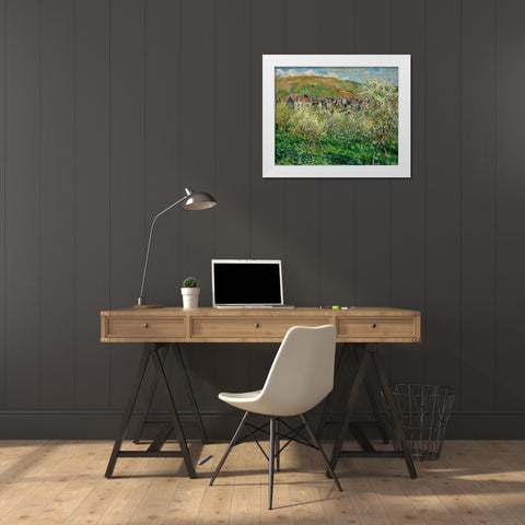 Flowering Plum Trees 1879 White Modern Wood Framed Art Print by Monet, Claude