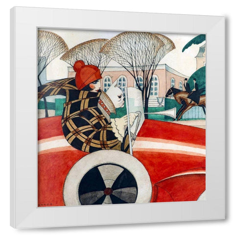 Girl and pug in an Automobile White Modern Wood Framed Art Print by Wegener, Gerda