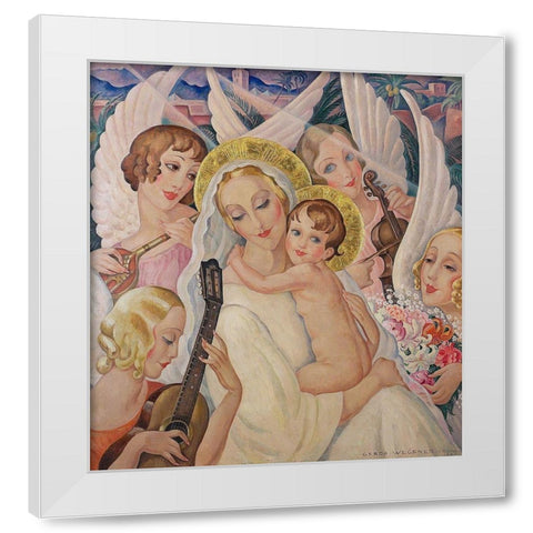 Madonna and child-surrounded by angels with musical instruments White Modern Wood Framed Art Print by Wegener, Gerda