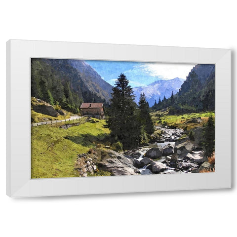 Streamside Mountain Chalet White Modern Wood Framed Art Print by Alpenglow Workshop