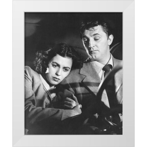 Faith Domergue, Robert Mitchum, Where Danger Lives, 1950 White Modern Wood Framed Art Print by Vintage Hollywood Archive