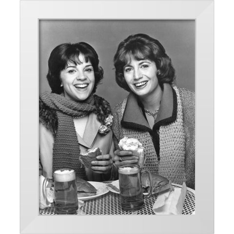 Cindy Williams, Penny Marshall, Laverne and Shirley, 1976 White Modern Wood Framed Art Print by Vintage Hollywood Archive