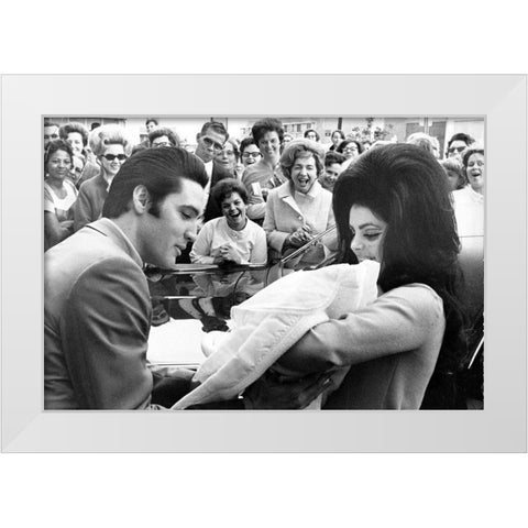 Elvis Presley and Priscilla with Lisa Marie-1968 White Modern Wood Framed Art Print by Vintage Music Archive