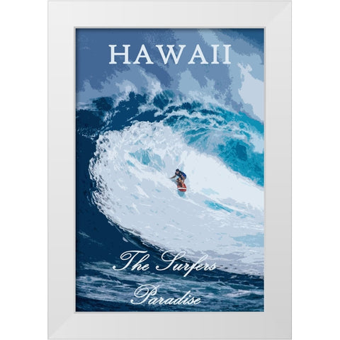 Hawaii Surfer Poster White Modern Wood Framed Art Print by Vintage Travel Posters