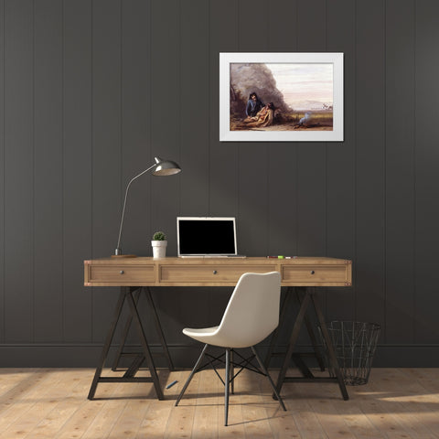 Free Trappers in Trouble White Modern Wood Framed Art Print by Miller, Alfred Jacob