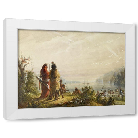 Indians Threatining to Attack Fur Boats White Modern Wood Framed Art Print by Miller, Alfred Jacob