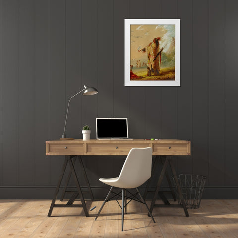 A Shoshonee Indian Smoking White Modern Wood Framed Art Print by Miller, Alfred Jacob