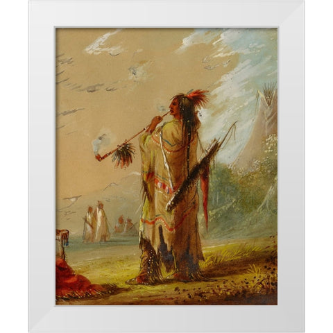 A Shoshonee Indian Smoking White Modern Wood Framed Art Print by Miller, Alfred Jacob
