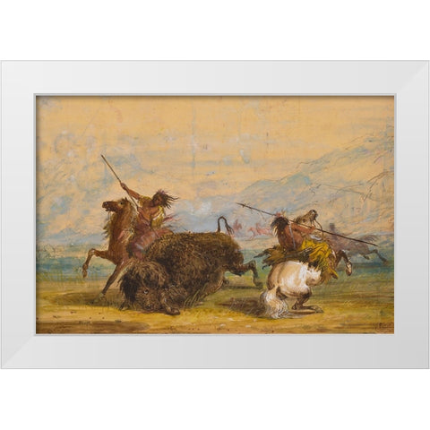 Crow Indians attacking a buffalo with the lance White Modern Wood Framed Art Print by Miller, Alfred Jacob