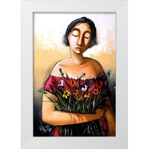 Lady with Flowers White Modern Wood Framed Art Print by West, Ronald