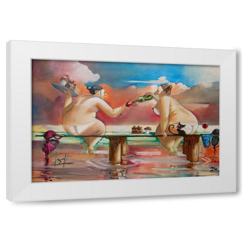 Wine and Cake on Jetty White Modern Wood Framed Art Print by West, Ronald