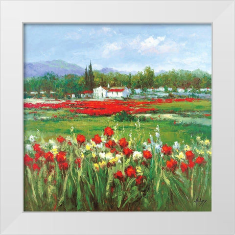 Red Flower Field White Modern Wood Framed Art Print by Hulsey