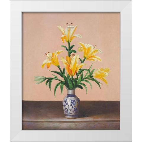 Peach Lilies White Modern Wood Framed Art Print by Welby