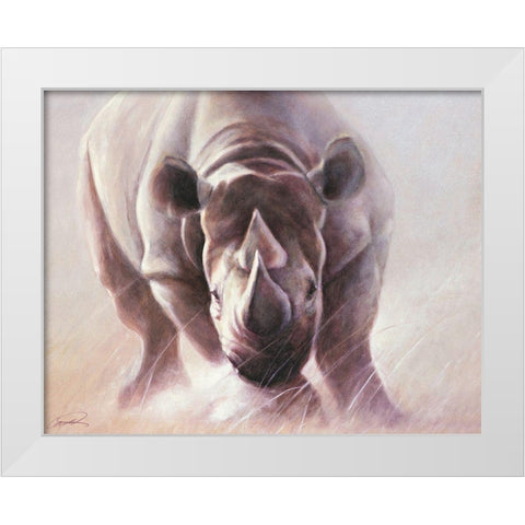 Full Speed Ahead Rhino White Modern Wood Framed Art Print by Campbell, Robert