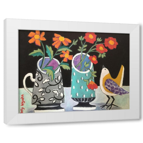 Two Cheery Vases and a Chirp White Modern Wood Framed Art Print by Wojahn, Holly