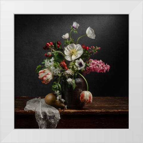 Pear and Parrot Tulip White Modern Wood Framed Art Print by Maclean, Leah