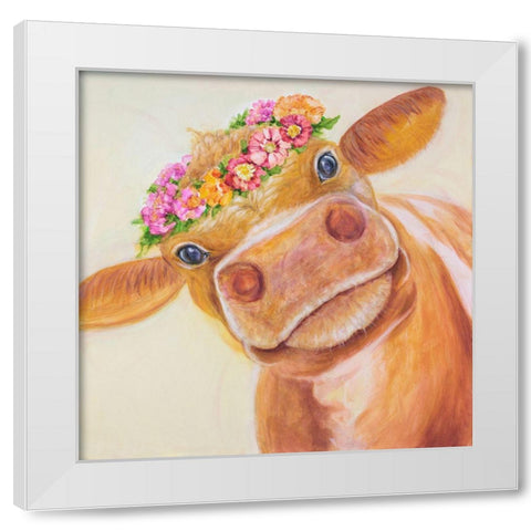Zen Cow White Modern Wood Framed Art Print by Joy, Julie