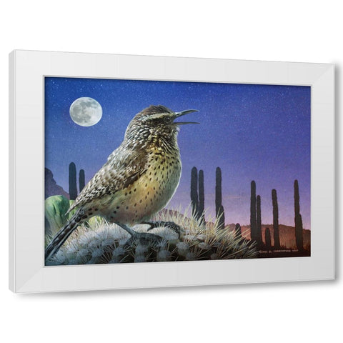 Saguaro Cactus Wren by Moonlight White Modern Wood Framed Art Print by Vest, Christopher