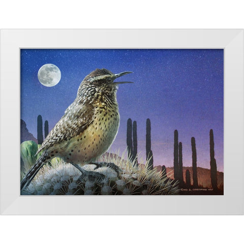 Saguaro Cactus Wren by Moonlight White Modern Wood Framed Art Print by Vest, Christopher