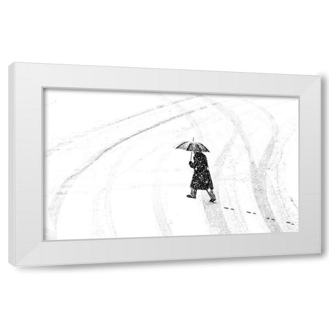 Man with umbrella White Modern Wood Framed Art Print by Ohlendorf, Anette
