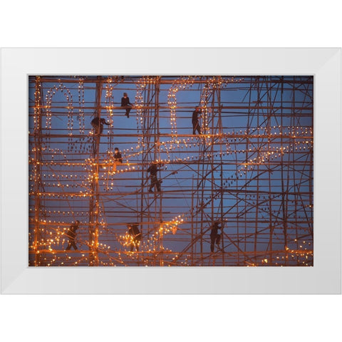 The festival runs Ship Fire White Modern Wood Framed Art Print by Intarob, Sarawut