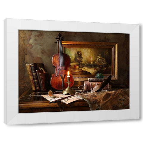 Still life with violin and painting White Modern Wood Framed Art Print by Morozov, Andrey