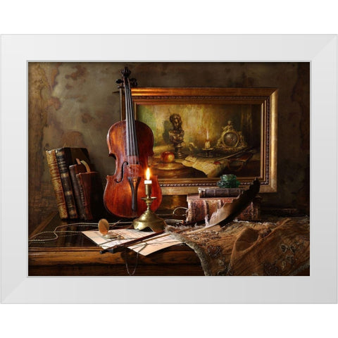 Still life with violin and painting White Modern Wood Framed Art Print by Morozov, Andrey