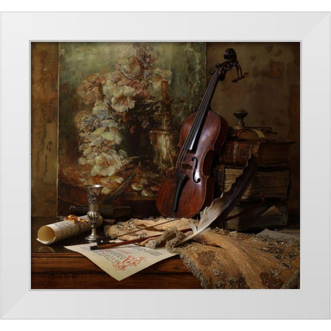 Still life with violin and painting White Modern Wood Framed Art Print by Morozov, Andrey