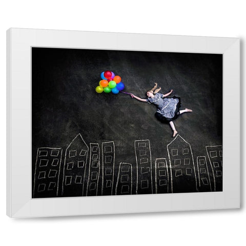 Flying on the Rooftops White Modern Wood Framed Art Print by Sabs, Nj