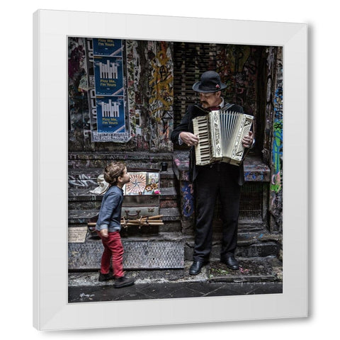 The Busker And The Boy White Modern Wood Framed Art Print by Russell, Vince
