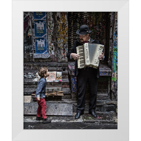The Busker And The Boy White Modern Wood Framed Art Print by Russell, Vince