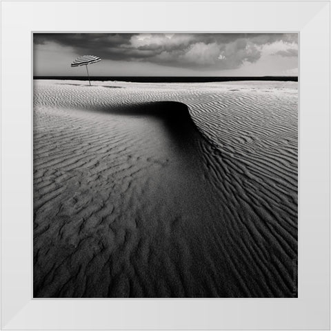 Umbrella on the beach White Modern Wood Framed Art Print by Schuurmans, Wim