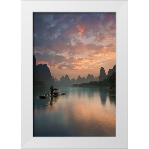 Li River Sunrise White Modern Wood Framed Art Print by Zhang, Yan