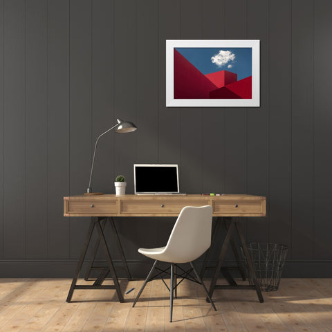 Red Shapes White Modern Wood Framed Art Print by Borges, Hugo
