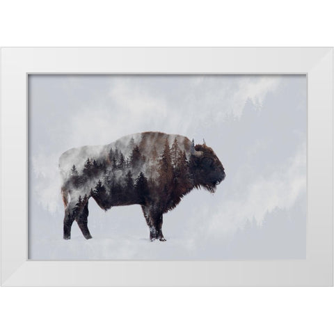 Bison - Double Exposure White Modern Wood Framed Art Print by Beata, Angyalosi