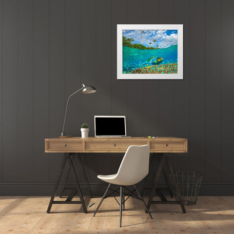 Blue chromis and coral at palm tree Bukai Beach-Palawan-Philippines White Modern Wood Framed Art Print by Fitzharris, Tim