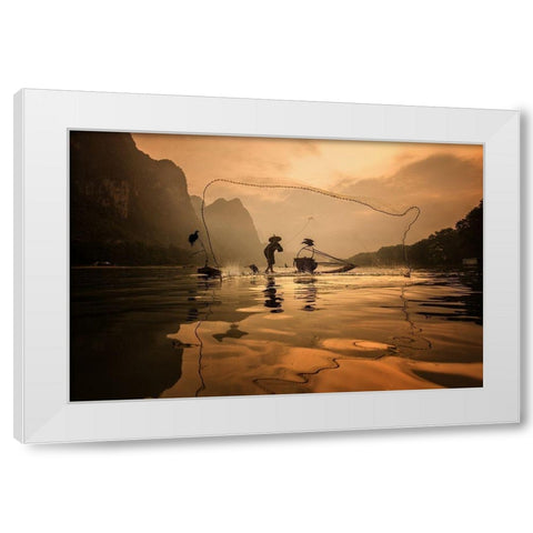 Spread The Fish Nets White Modern Wood Framed Art Print by Song, Gunarto