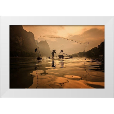 Spread The Fish Nets White Modern Wood Framed Art Print by Song, Gunarto